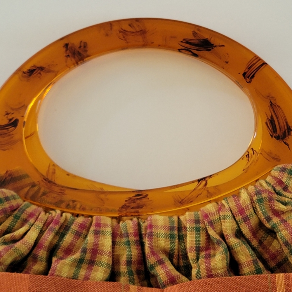 Hand Crafted Orange Brown Plaid Tartan Clutch Purse Handbag Acrylic Handles - Picture 4 of 9